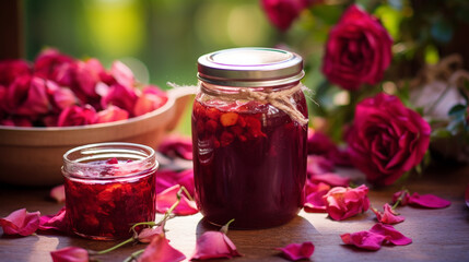 Homemade jam from rose petals on a wooden background. Selective focus.