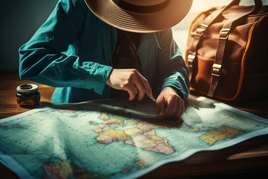 An intrepid traveler in a straw hat is meticulously planning a route with a compass on a world map, beside a ready-to-go leather travel bag.