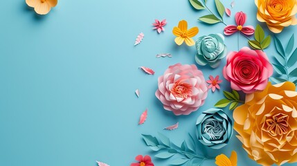 Colorful handmade flowers on plain blue background - obrazy, fototapety, plakaty