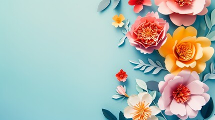 Colorful handmade flowers on plain blue background