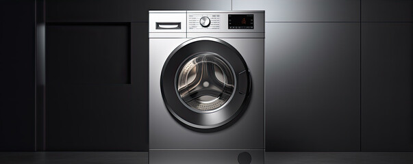 Modern washing machine in gray background. copy space for text.