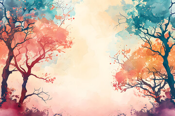 Tree in watercolor style border frame on background.