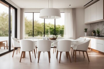 Fototapeta premium Interior home design of modern dining room with wooden table and chairs and furniture with concrete wall and window curtain