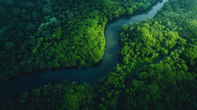 an aerial view of a river in the middle of a green forest with lots of trees on both sides of the river and the river running through the center of the forest.