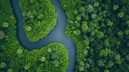  an aerial view of a river running through a lush green forest with a river running through the center of the picture, surrounded by trees and surrounded by greenery foliage.