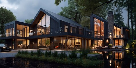 Fototapeta na wymiar Large black wood house with terrace in modern design scandinavian style.Macro.AI Generative.