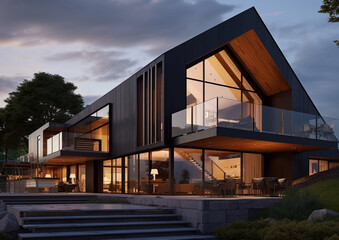 Large black wood house with terrace in modern design scandinavian style.Macro.AI Generative.