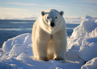 Cold arctic day with large white polar bear on snow background.Macro.AI Generative.