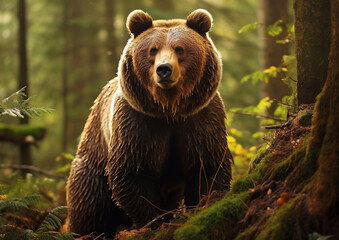 Fototapeta premium Wild grizzly brown mammal bear in green forest.Macro.AI Generative.
