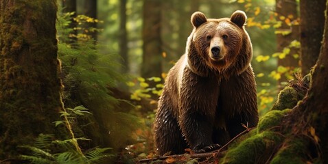 Large grizzly brown mammal bear walking in forest.Space for text.AI Generative. - obrazy, fototapety, plakaty