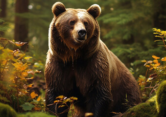Fototapeta premium Wild grizzly brown mammal bear in green forest.Macro.AI Generative.