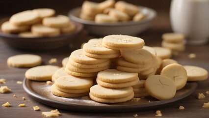 Highlight the simplicity and elegance of buttery shortbread cookies, showcasing their golden-brown color and delicate crumbly texture. - Generative AI