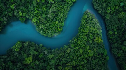  an aerial view of a river in the middle of a forest with a blue river running through the center of the river, surrounded by lush green trees and blue water.