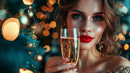close-up of a beautiful woman holding a glass of champagne in her hands