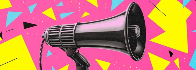 Vintage megaphone illustration in pop art style with vibrant pink, yellow, and blue geometric shapes on a retro-inspired poster.