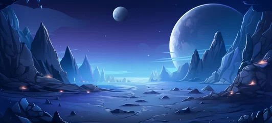 Fotobehang Fantasy alien landscape with icy terrain, sharp mountains under a twilight sky, featuring a detailed moon and dominant planet. Perfect for space-themed games. © Maxim