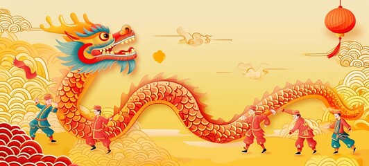 Festive Chinese New Year greeting card showcasing a dynamic dragon dance, with people in traditional attire against a golden, cloud-adorned background. - obrazy, fototapety, plakaty