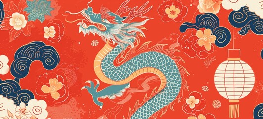 Festive CNY illustration featuring a playful dragon in retro patterns, surrounded by traditional motifs and a Chinese lantern on a lucky red background, embodying joy and prosperity. - obrazy, fototapety, plakaty