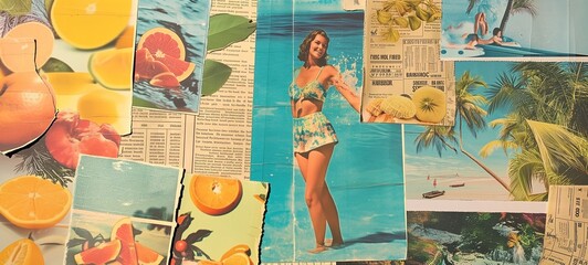 Nostalgic summer collage with vintage cut-and-paste elements, featuring citrus fruits, a retro woman in swimwear, and a tranquil beach scene, evoking a playful and relaxed vacation vibe. - obrazy, fototapety, plakaty