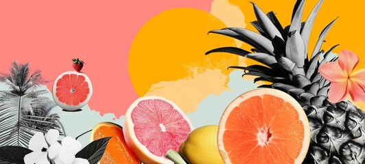 Vintage cut-and-paste style collage with a tropical sun, monochrome and colorful fruit slices, palm leaves, and playful strawberry, creating a fresh, summery vibe. - obrazy, fototapety, plakaty