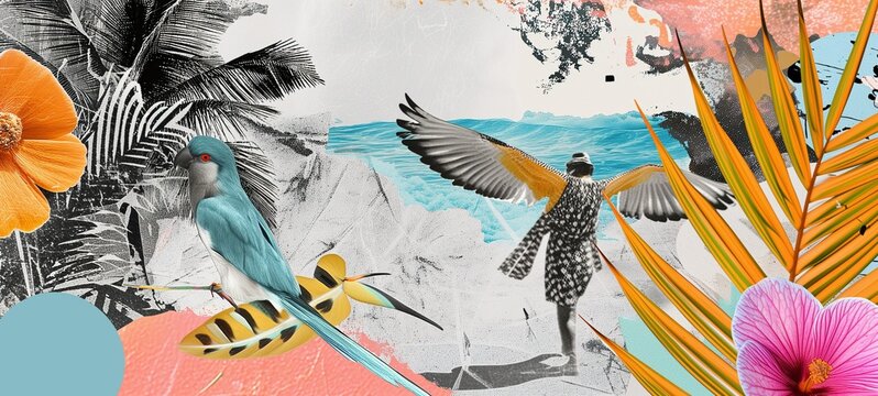 Playful tropical collage featuring a blue bird, surfer with wings, and vivid summer flowers, all artfully blended in a vintage cut-and-paste sticker art style.
