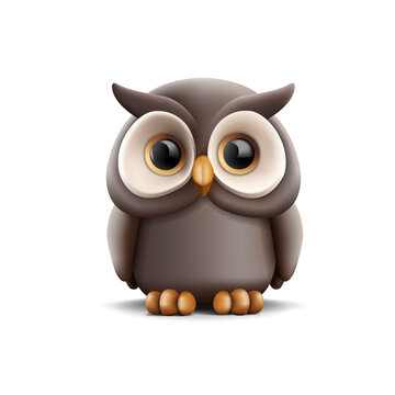Cute fun cartoon owl character detailed icon, realistic animal shape with big eyes, beak and wings with paws