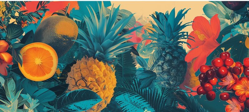 Sunny collage of tropical fruits and bright flowers, rendered in a vibrant vintage cut-and-paste style, bursting with lush greenery and summertime colors for a playful, sticker-art inspired aesthetic.
