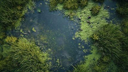  an aerial view of a body of water surrounded by lush green grass and trees, with a bird's eye view of the water in the middle of the picture.