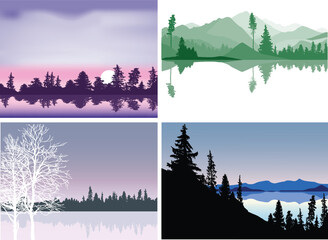 four pine forest landscapes set
