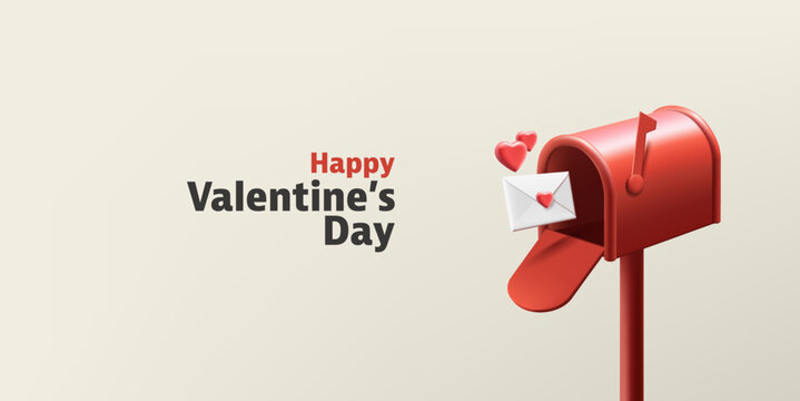 Valentines Day greeting composition. 3d vintage red mailbox with hearts and envelopes, realistic render graphic