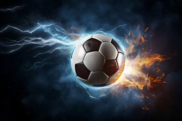 Fototapeta premium soccer ball with flames and lightning flying on night sky, dark blue background