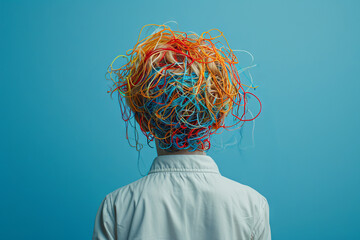 The head of a boy standing with his back to us is covered with multi-colored tangled threads, the concept of adhd and mental problems on a blue background