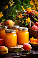 mango jam in a glass jar. mango jam on a wooden background. Delicious natural marmalade.