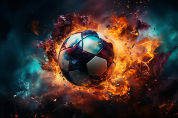 soccer ball with flames and lightning flying on night sky, dark blue background
