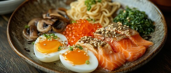 Dish With Red Fish, Caviar And Egg. llustration On The Theme Of Food And Restaurants, Tourism And Travel, Diet And Gourmets. Generative AI