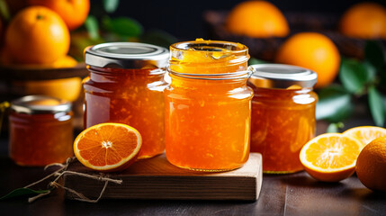 orange jam in a glass jar. orange jam on a wooden background. Delicious natural marmalade - obrazy, fototapety, plakaty