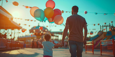 father and son walking through the fair holding hands. generative ai - obrazy, fototapety, plakaty