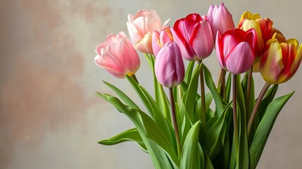 Naklejka premium Colorful tulips on plain background