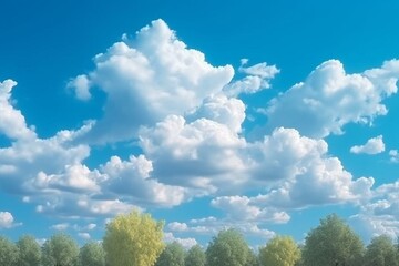 Gradient sky with fluffy clouds on a cyan backdrop in spring afternoon. Pleasant weather and natural landscape environment in the air. Generative AI - obrazy, fototapety, plakaty