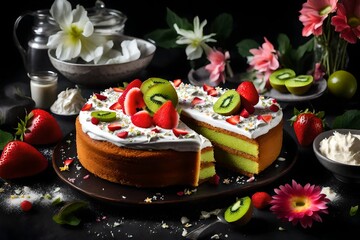Obraz na płótnie Canvas Vegan tropical aquafaba cake with kiwi, strawberry and coconut cream on dark table with ingredients and flowers, close up. Concept of vegetarian dessert for celebration
