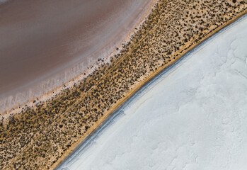 Connecting land bridge between dried out salt pans at Baladjie lake in the Wheatbelt of Western...