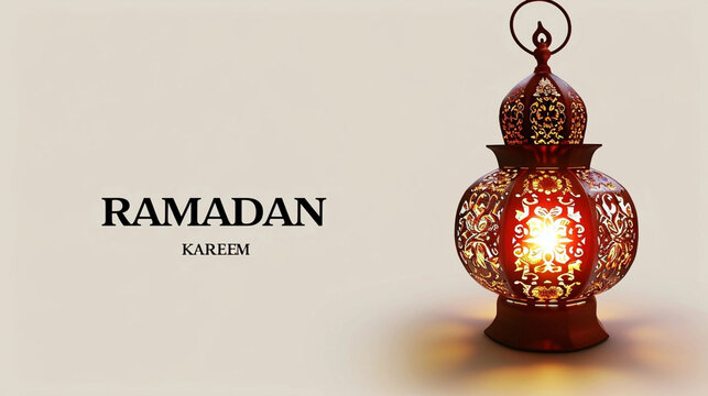 copy space, vector illustration, Muslim lamp and text "RAMADAN KAREEM" on light background. Beautiful design with arabic lambs for the Ramadam theme. Design for background, wallpaper, poster. Ramadan 
