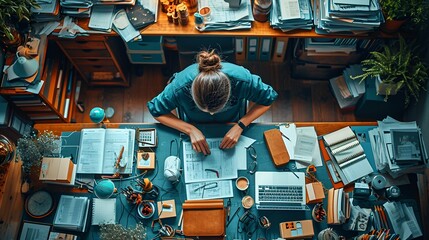 A conscientious individual meticulously organizing a cluttered desk, photographed from a top-down perspective