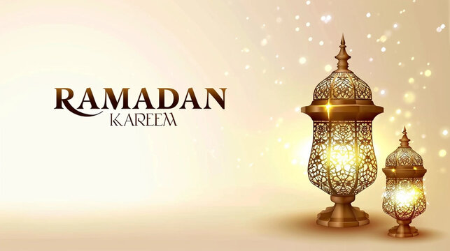 copy space, vector illustration, Muslim lamp and text "RAMADAN KAREEM" on light background. Beautiful design with arabic lambs for the Ramadam theme. Design for background, wallpaper, poster. Ramadan 