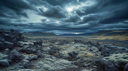 Fototapeta premium a rocky landscape under a cloudy sky with mountains and a valley in the foreground with a river running through the middle of the valley, and a few clouds in the distance.