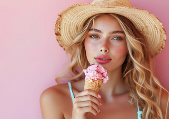 Young beautiful woman holding ice cream cone and wearing summer hat on pink background.Macro.AI Generative.