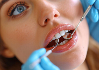 Fototapeta premium Open mouth with perfect teeth on dental check up with dental mirror and scraper in orthodontic clinic.Macro.AI Generative.