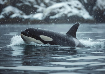 Naklejka premium Orca killer whale marine predator swimming in sea on winter time with snow.Macro.AI Generative.