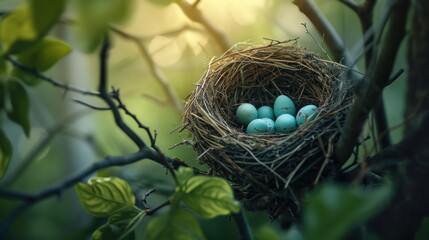Fototapeta premium a bird's nest filled with blue eggs on a tree branch in front of a green leafy tree with the sun shining through the branches in the background.
