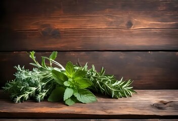 Fresh herbs on wooden background. 